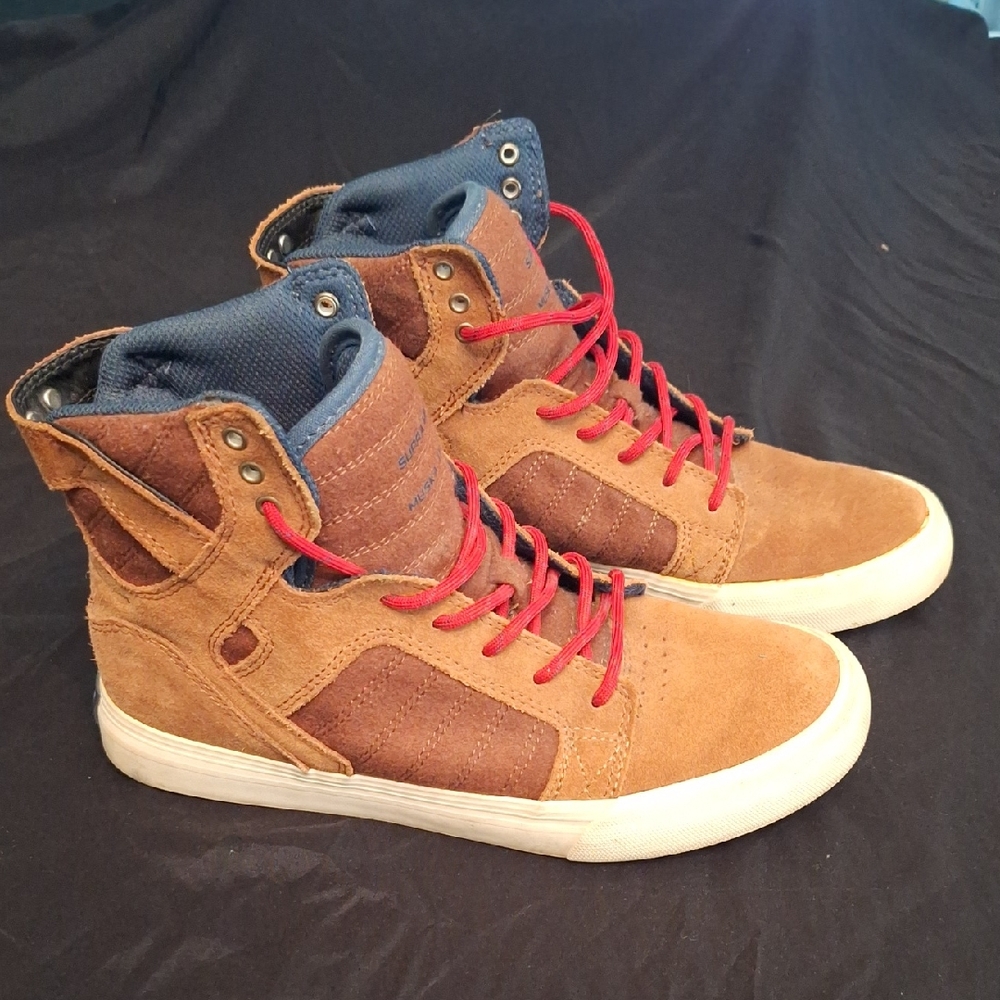 Brown High-Top Sneakers with Red Laces